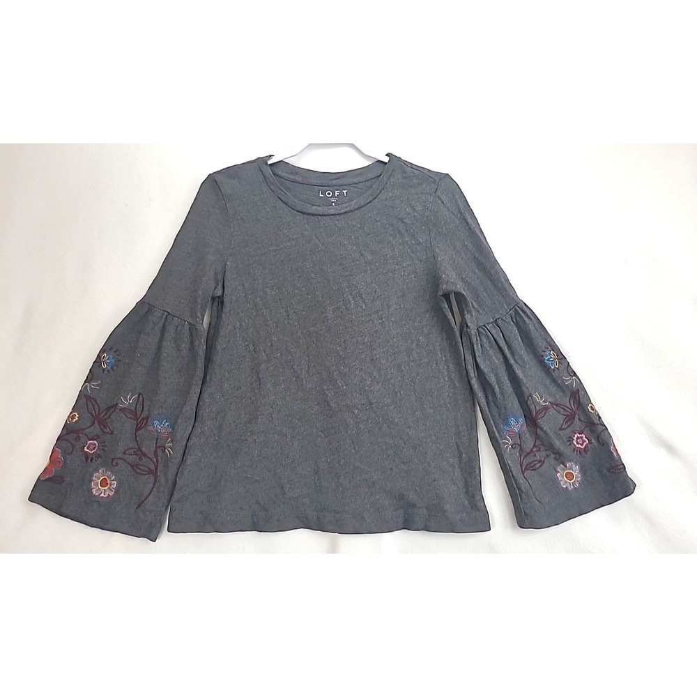 Ann Taylor Gray Top Embroidered Bell Sleeves Pullover Loft Sz S Boho Hippie